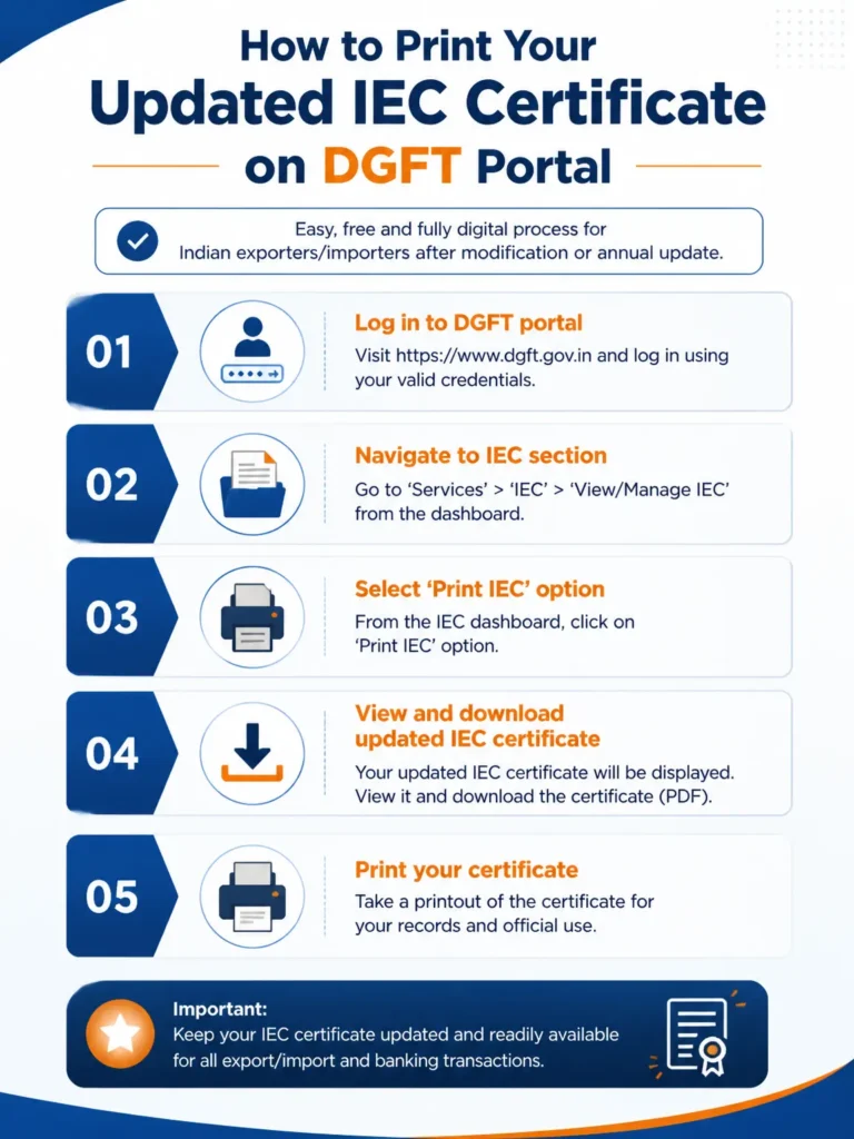 IEC Print option on DGFT portal to download updated IEC certificate