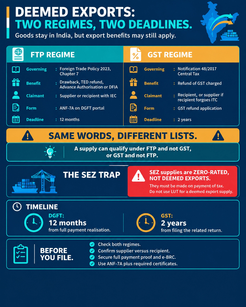 Deemed Exports: The Two Regimes, What You Can Claim and When 1 Deemed exports claim under FTP Chapter 7 and GST Notification 48/2017